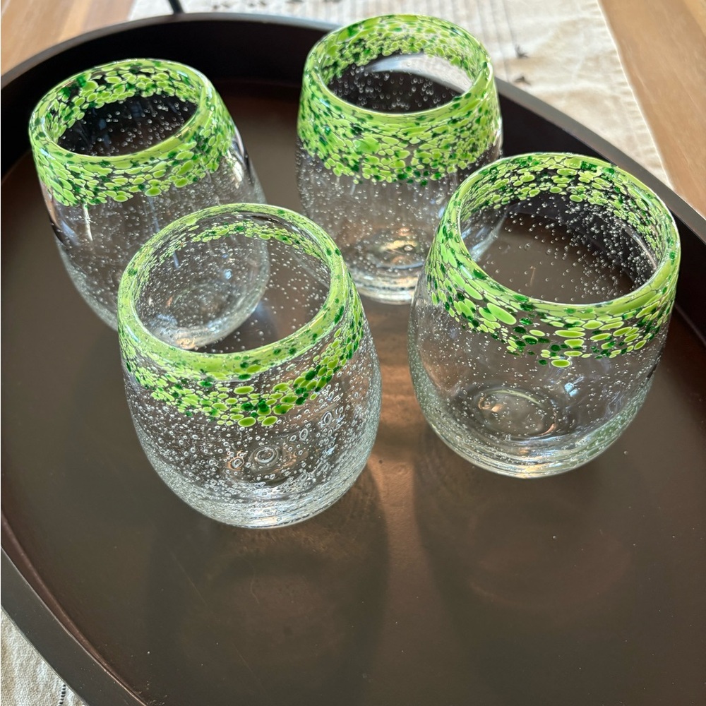 Green Confetti Rim Mexican Seeded Glass Stemlesss Wine Glassses Set - Picture 3 of 3